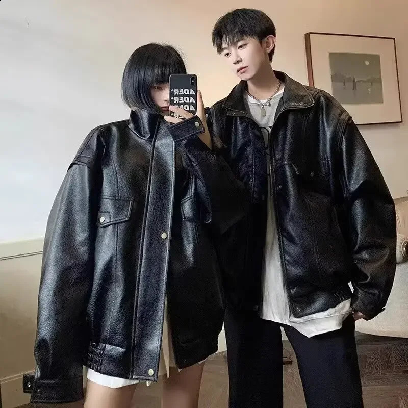 American retro Pu leather jacket loose fitting suitable for mens womens spring and autumn fashion streetwear 240924