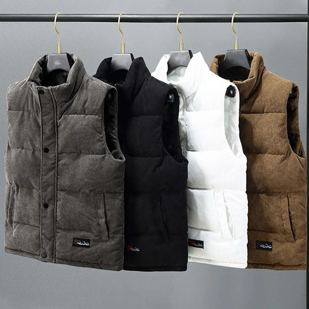 Mens sleeveless jacket mens thick pad standing collar vest autumn and winter windproof and warm sleeveless vest 240924