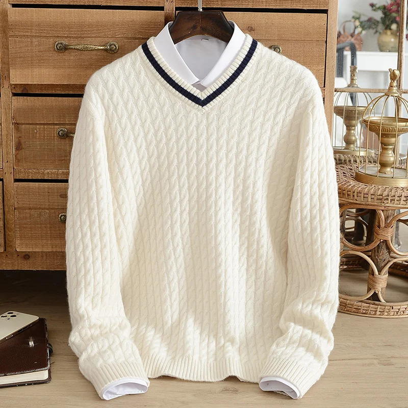 Winter Thick Pure Cashmere Sweater Mens V-neck Jacquard Knitted Sweater Student Warm Bottom Sweater Youth Fashion 240924