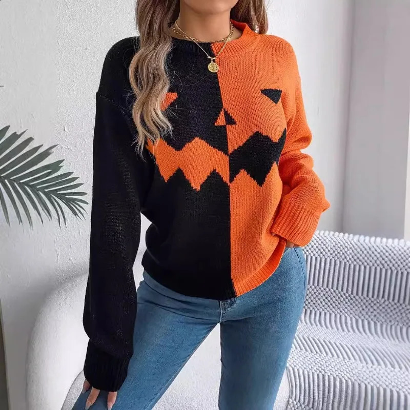 Poule d'hiver d'hiver décontracté et lâche Winter Women Top Halloween Ghost Pumpkin Decal jumelé avec un pull à manches longues 240924