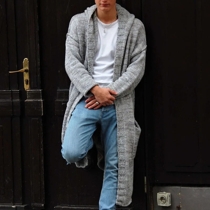 Mens trench long sleeved button knitted hooded cardigan autumn and winter mens coat vintage sweater 240924