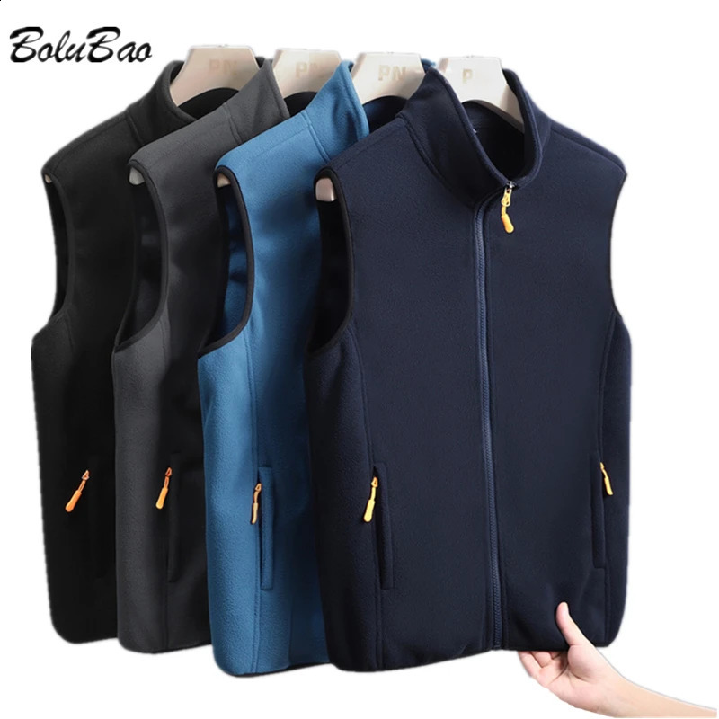 Bolubao Spring and Autumn mens casual vest jacket solid color stand collar polar wool vest fishing hiking couple warm vest 240924