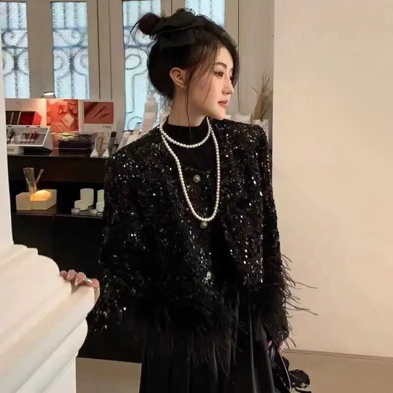 Femme automne et hiver noir noir manteau de parfum tweed élégant manteau courte française se paillettes de l'industrie lourde veste décorative 24