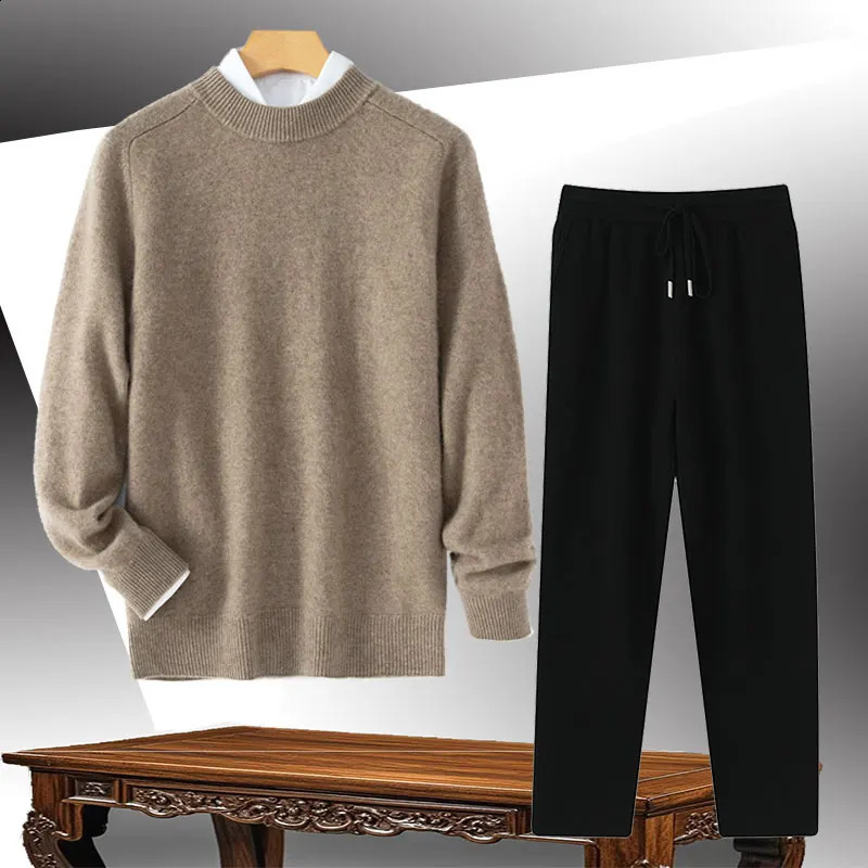 2024 35 Pure Cashmere Knitted round Neck Saddle Shoulder Mens Suit HighEnd Loose Sweater Wool Pants Combination 240911Z