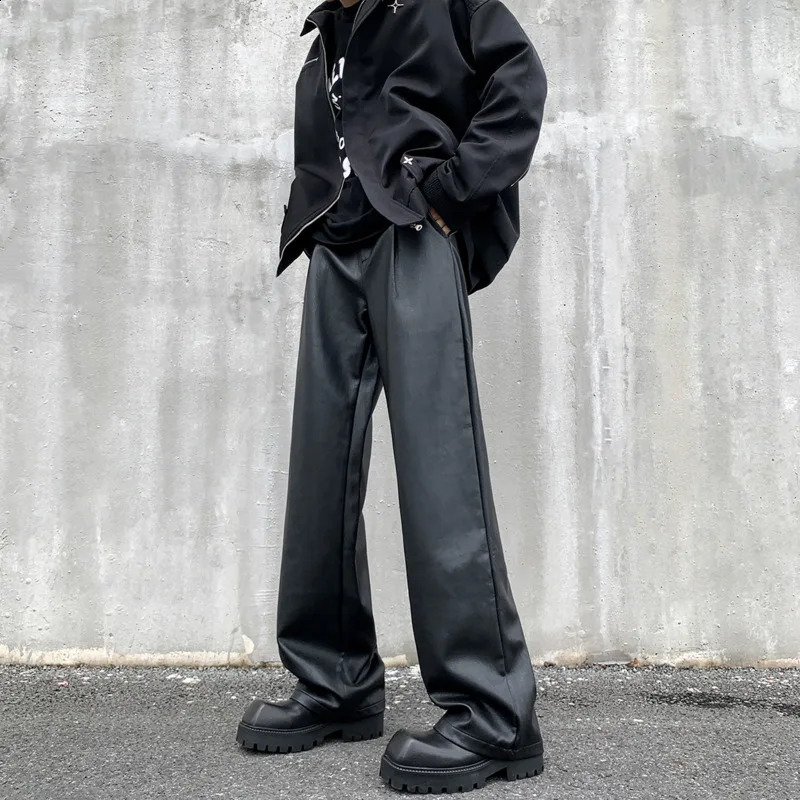 Pantalon en cuir noir pour homme, pantalon droit décontracté, streetwear, coréen, ample, jambes larges, pantalon moto pour homme, S-2XL 240921