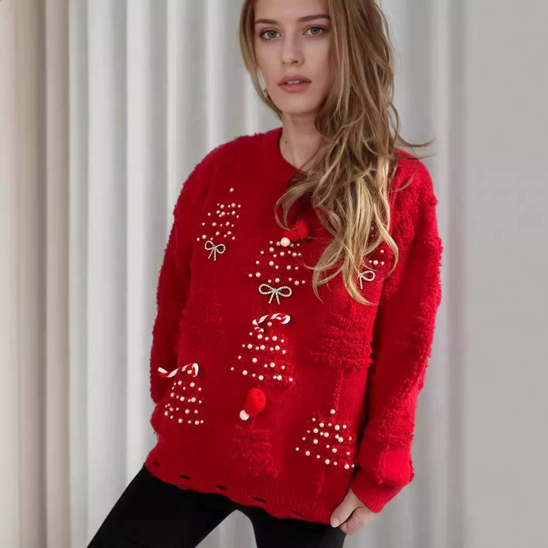 Pull de Noël pour les femmes style coréen O-cou décontracté saut en vrac pour femmes en O-cou de perle de nœud tricot 240923