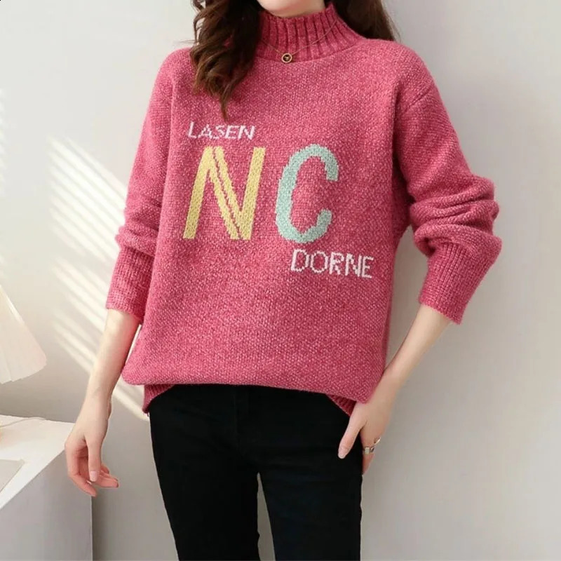Autumn and winter fashion casual half neck letter sweater womens clothing Korean simple long sleeved knitted zipper 240923