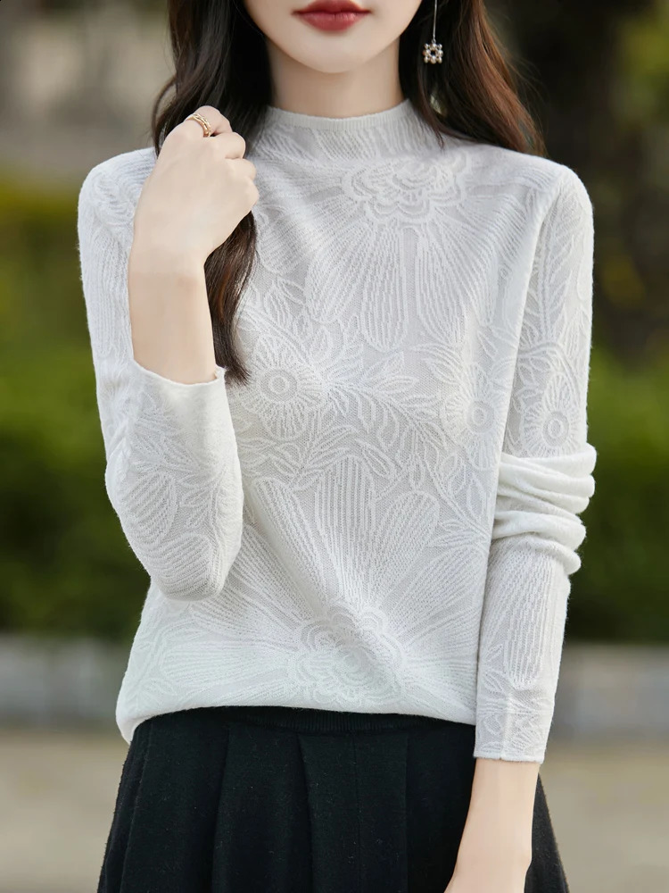 Pull en laine mérinos d'automne et hiver pour femmes demi-cols floraux à manches longues en tricot à manches longues en laine ciblée Top 240924