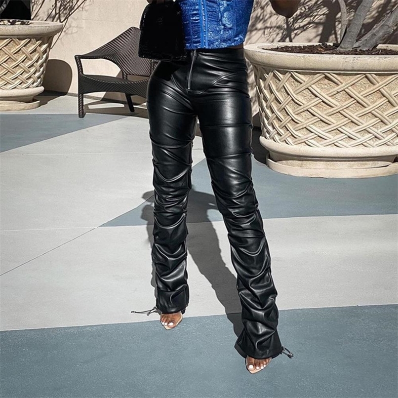 Pantalon en cuir synthétique de mode pour femmes pantalon empilé noir taille haute pour femmes pantalon en cuir 240921