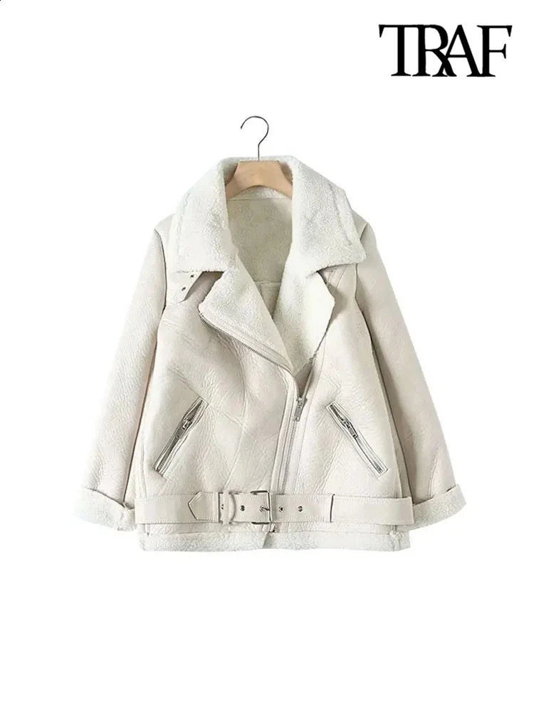 TRAF Womens Thick Warm Winter Fur Artificial Leather Oversized Jacket Long Sleeve Jacket Womens Wear Fashion Top 240923
