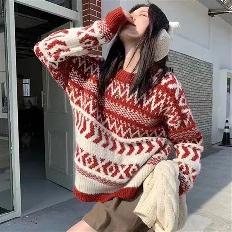 Gaoding lanqiu pull d'épaisseur chaude femme à manches longues rouges de Noël en tricot imprimé en tricot grande taille