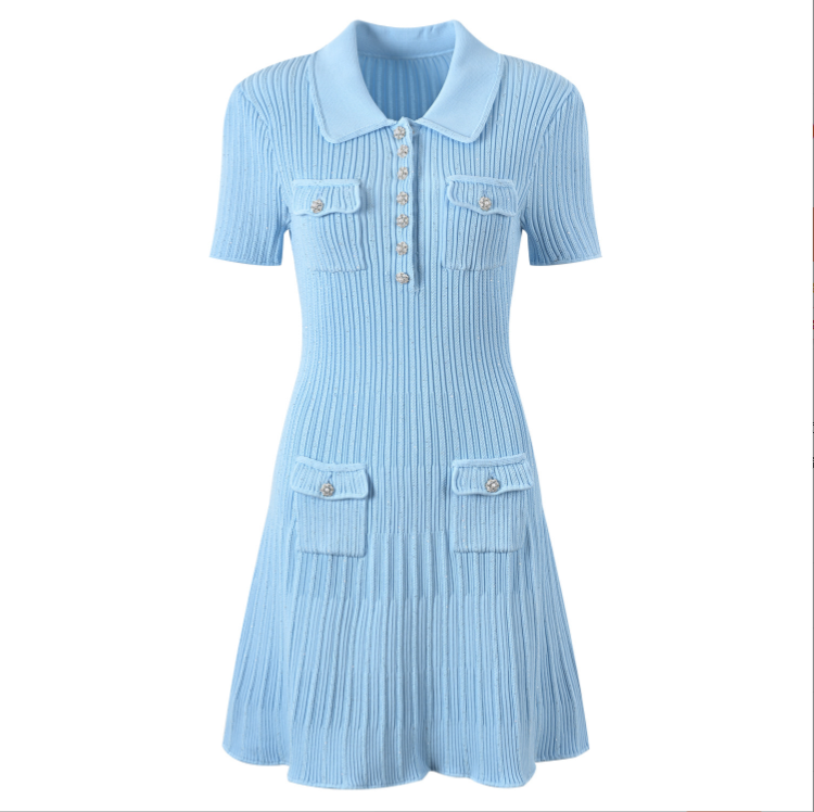 922 2024 Robe de piste Springsummer Robe repeuple couche courte manche bleue marque blanche même style empire femme robe mode haute qualité yl