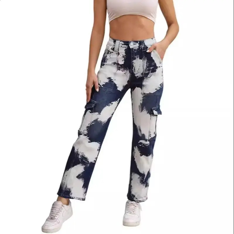 Tie colorant lavé bleu à la mode de poche pantalon denim en denim pour femmes