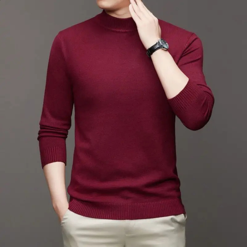 Autumn and Winter Mens Solid Color Pullover Half High Collar Sweater Knitted Casual Fashion Retro Threaded Top 240923