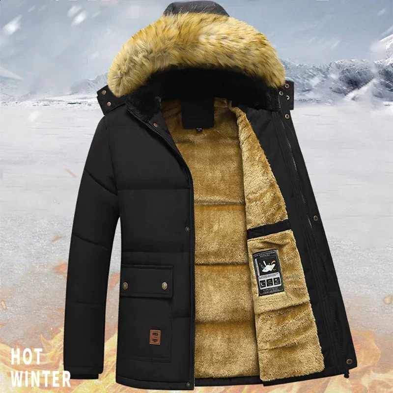 Winter Parker Mens Wool Coat Thickened Warm Hooded Fur Coat Mens Plush Jacket Autumn Work Coat Black 240924