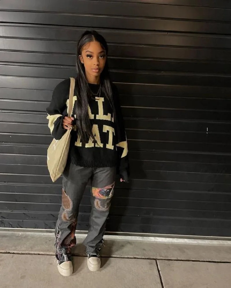 Motif de lettre à la mode imprimé harajuku sweater épais femmes gothiques rétro y2k street usure coréen grand pull hip-hop 240923