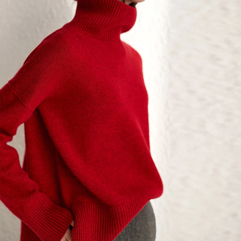 Autumn and winter turtle neck cashmere sweater womens 100% wool knitted sweater long sleeved thick lazy style sweater loose and loose 240924