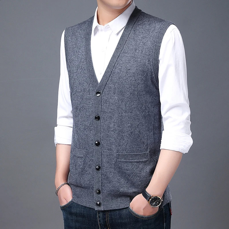 Autumn Fashion Knitted Sweater Tank Top Open Mens V-neck Korean High Quality Cool Wool Casual Winter Mens Clothing 240924