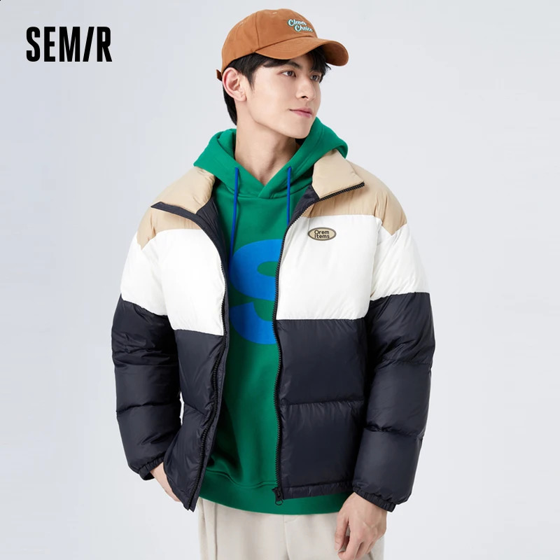 Half down jacket mens winter classic contrasting color splicing letter printing fashion daily loose jacket 240924