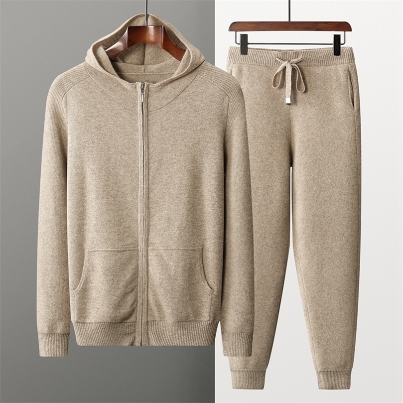 100% Cashmere Suit Men Hooded Zipper Cardigan Autumn Winter Knitted Two-Piece High Waist Trousers Fashion Solid Color Sweater 240923CJ