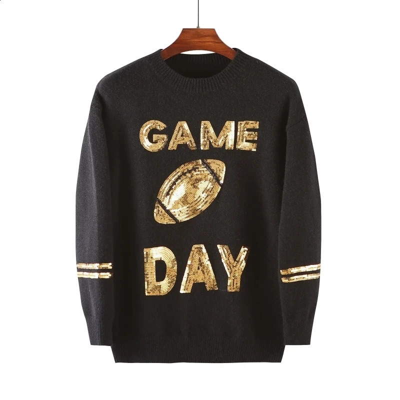Autumn letter streetwear loose round neck black knitted sweater sequined hip-hop long sleeved fashionable womens top 240923
