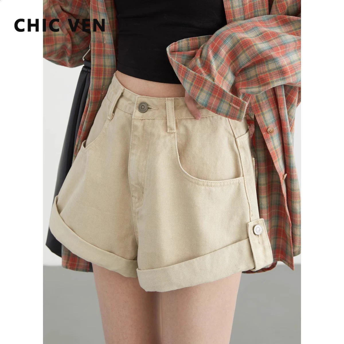 CHIC VEN Womens Solid Casual Korean High Waist Loose Womens Cotton Denim Shorts A-line Pants Spring/Summer 240924