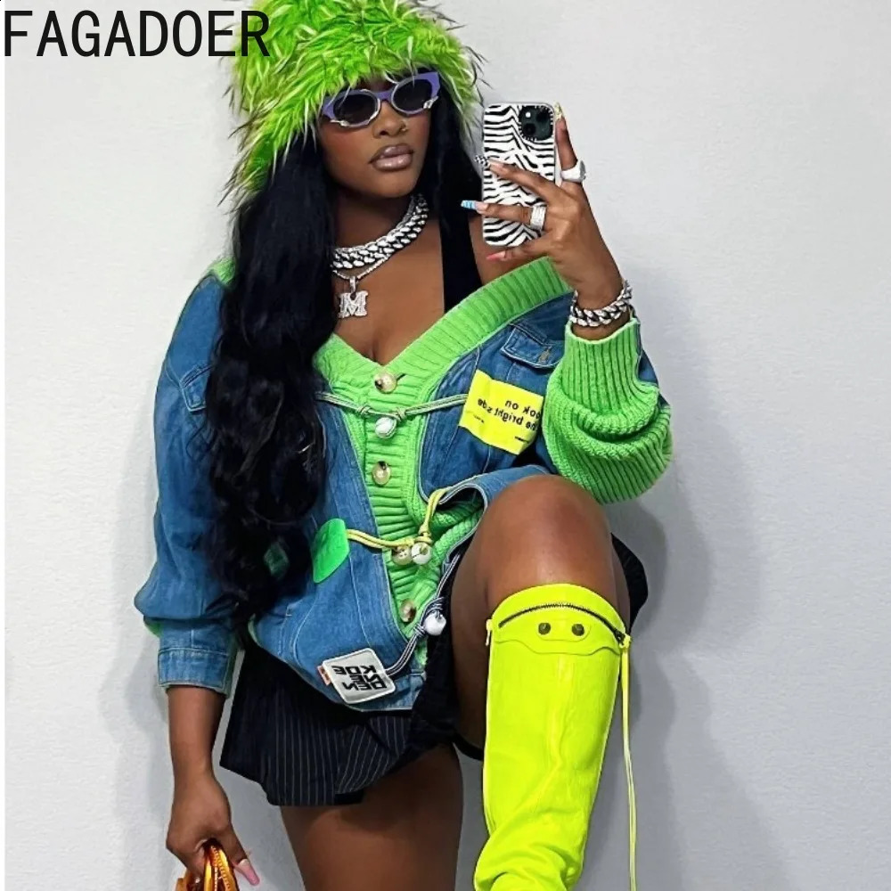FAGADOER Spring Y2K Knitted Denim Splicing Jacket Womens V-neck Button Long Sleeve Ultra Thin Coat Casual Womens Printed Top 240923