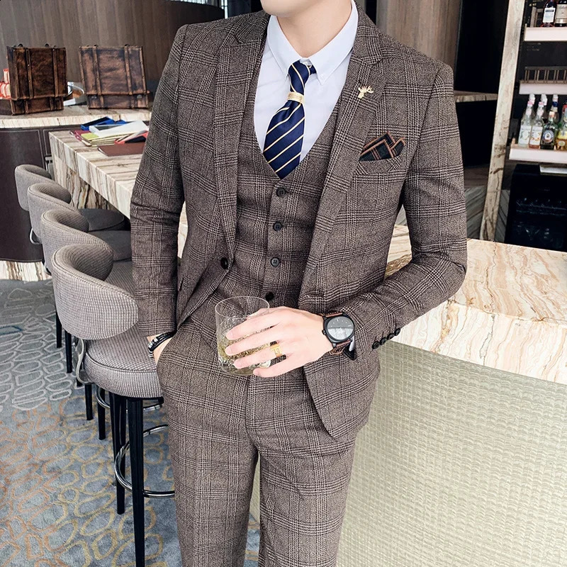 S-7XL JacketVestPants Fashion Boutique Lattice Formal Business Mens Suit 3Pcs Set Groom Wedding Dress Plaid Suit Show Stage 240923
