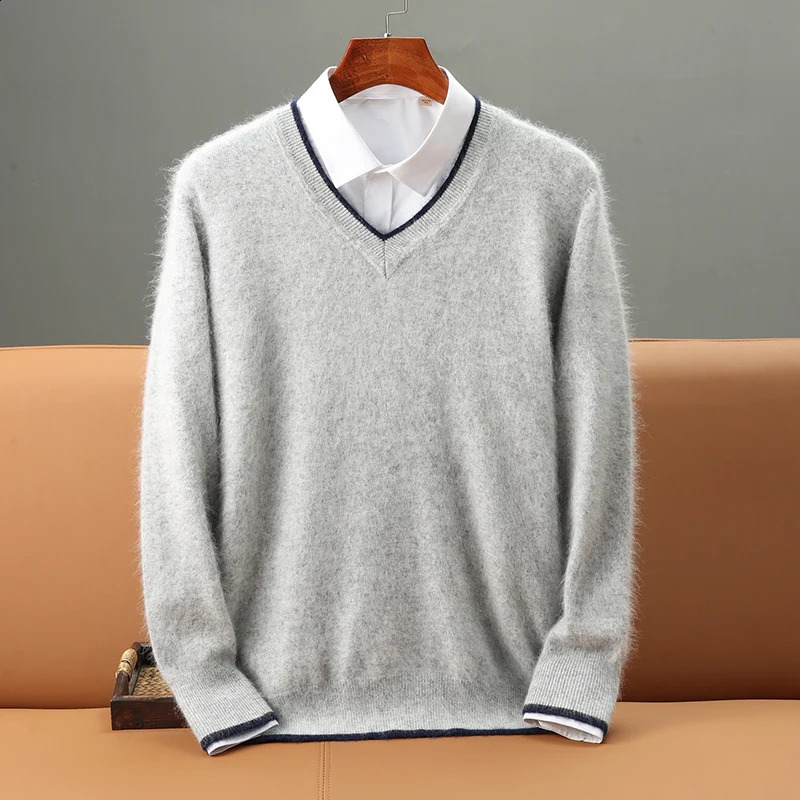 Pull à hommes d'automne et d'hiver 100% vison cachemire top en V en tricol en tricot floral décontracté grand paillet de fond chaud
