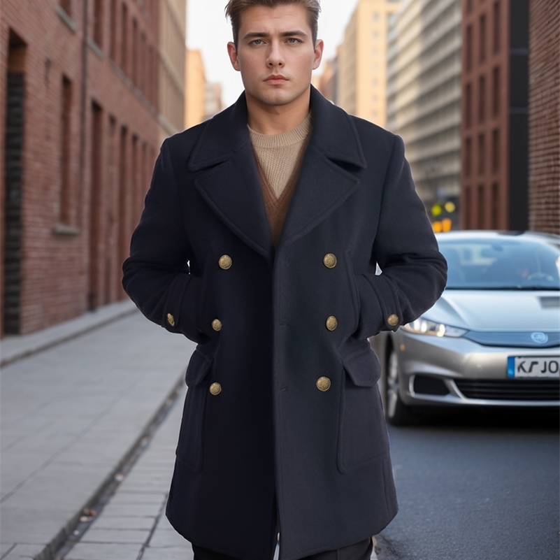 Les hommes de mode portent des hommes de style britannique portent le manteau à manches longues moyennes automne / manteau de laine d'hiver 24092