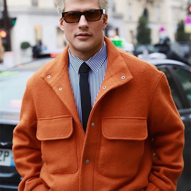 Trendy Pocket Single Breasted Men Jacket 2024 Autumn Turn Down Collar Long Sleeve Casual Warm Coat Mens Chic Solid Outwear y240918