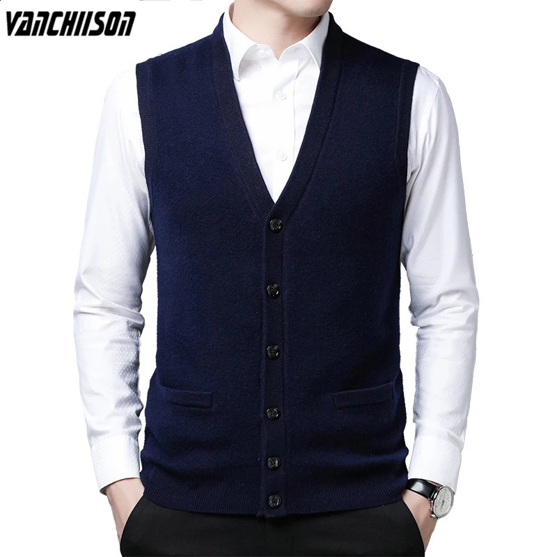 Mens 50% wool vest sleeveless knitted button down basic sweater cardigan wool sweater thick autumn mens business fashion casual 00449 240924