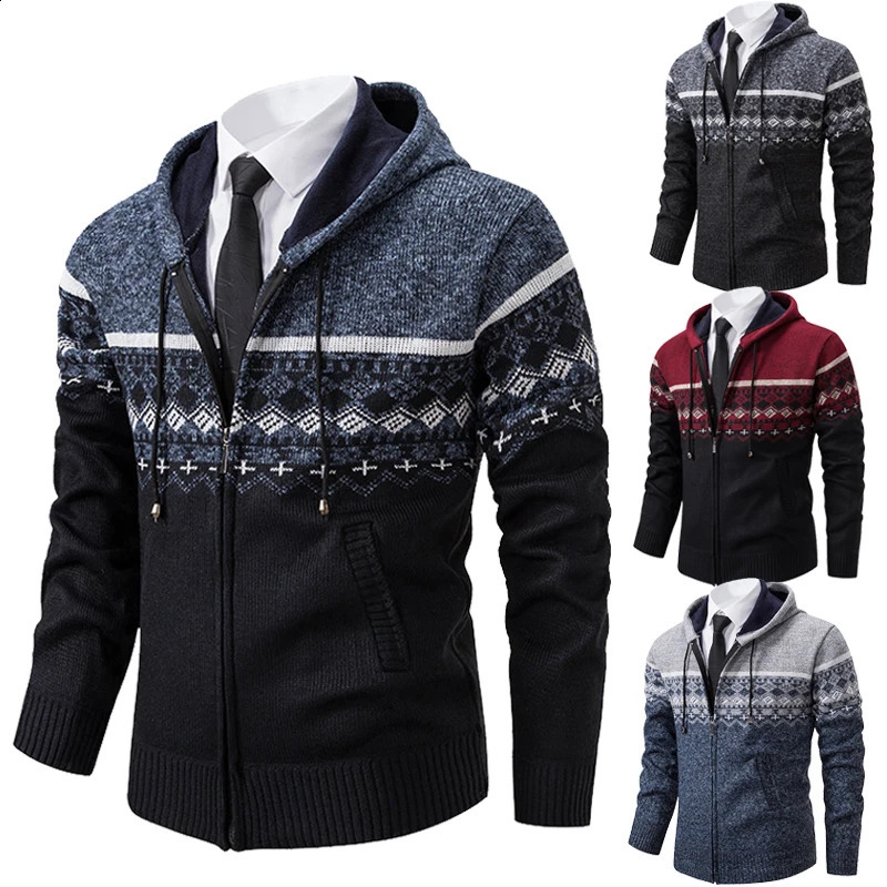 Autumn and winter mens casual hooded jacket jacquard fabric stand up collar jacket sweater fashionable wool warm zipper cardigan 240923