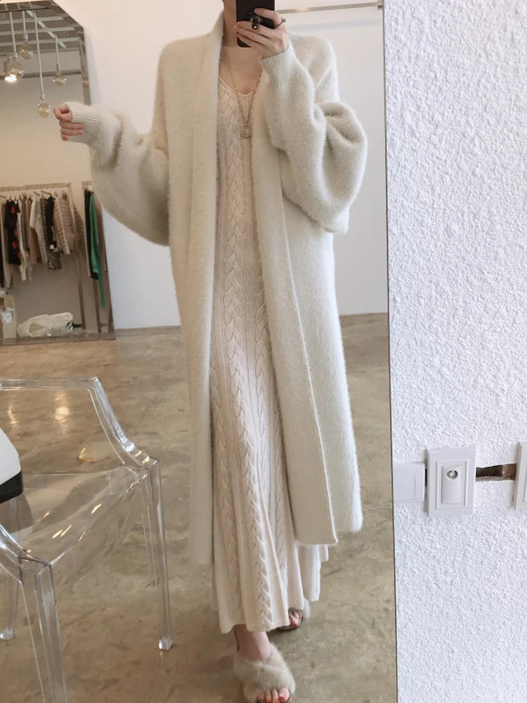 Fluffy long cardigan womens autumn and winter knitted sweater womens elegant and fashionable Midi knitted jacket womens sweet loose cardigan 2409