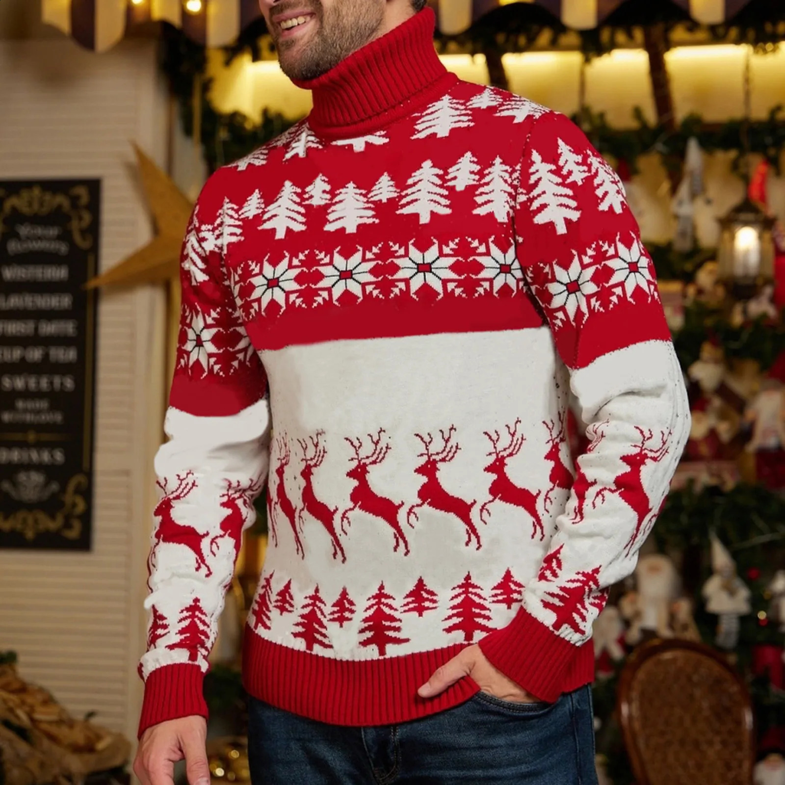 Mentille tortleck de Noël pull de Noël décontracté arbre de Noël reinier imprimé latte art thème de Noël pull en tricot d'automne et d'hiver pour