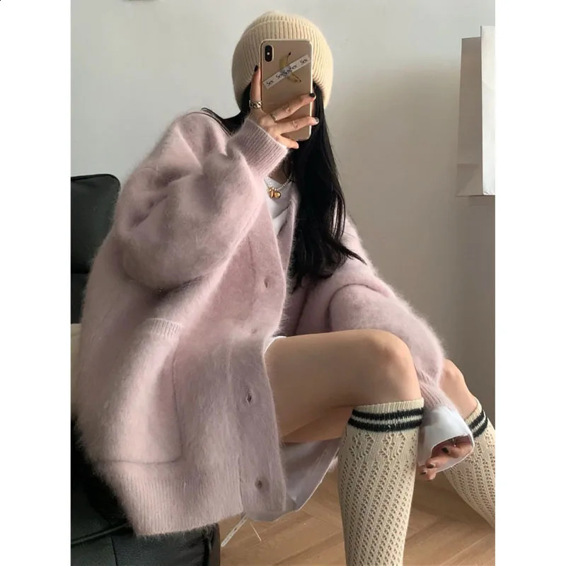 Mink fur pink sweater womens autumn cardigan winter gentle loose casual high-end thick warm knitted jacket 240924