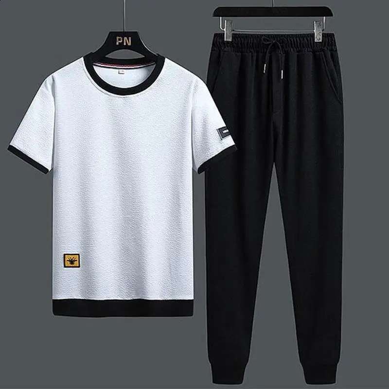 Contrasting Colors Summer Men Patchwork Ice Shreds Short Sleeved Breathable Quick Drying Loose Large Size Casual Two Piece Set 240911Z