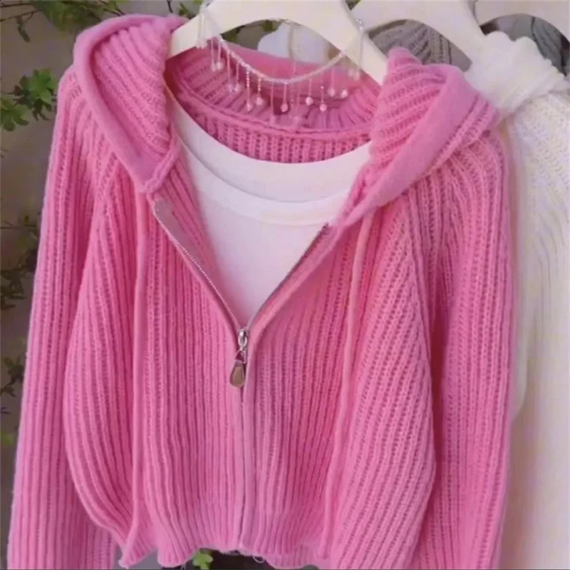Pull à capuche rose Cardigan tricoté adapté aux femmes en automne lâche et à la mode à rayures à rayures à glissière