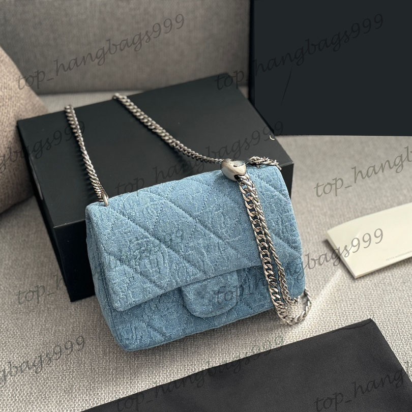 23P Womens Classic Mini Flap Sqaure Quilted Camellia Shoulder Bags Blue Denim Crush Heart Beads Silver Chain Crossbody Handbags With Zipper Pouch-image-962312384