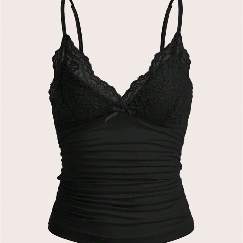 Sexy Black Contrast Lace Bow Front Crop Cami Top Women 2024 Summer Grunge Punk Y2K Clothes Ruched Skinny Backless Tee Shirt y240918