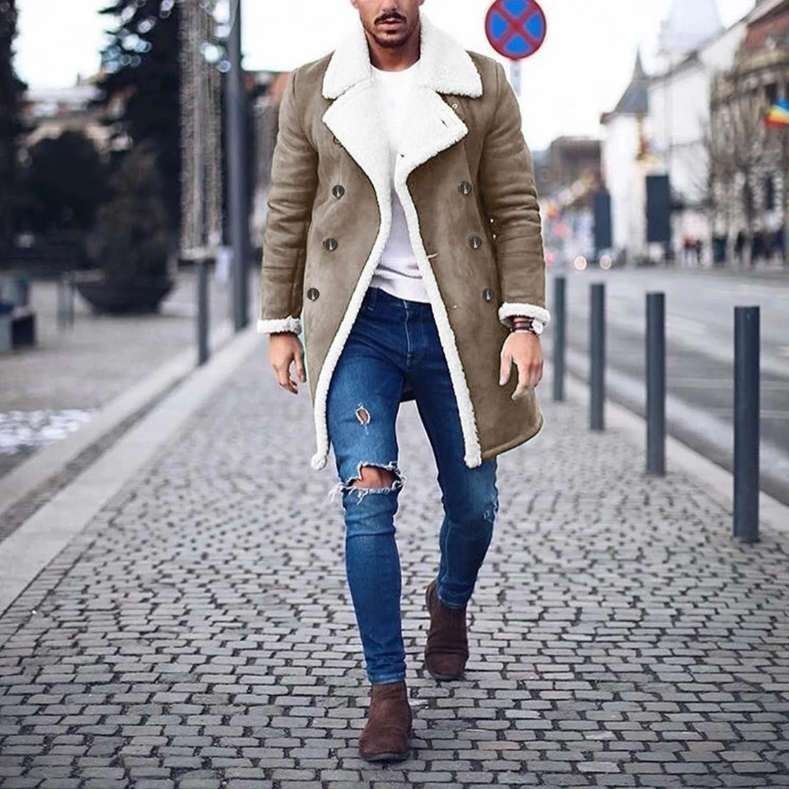 Winter faux fur leather jacket plus size mens jacket solid color lapel thick collar warm Lambswool suede jacket long Parka jacket 240924