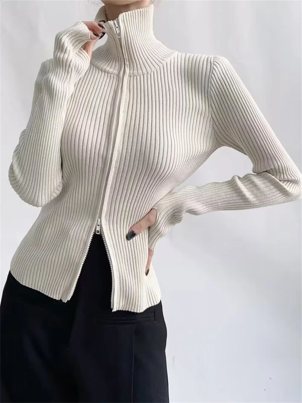 Fashion Korean spring womens high elasticity ultra-thin knitted cardigan womens zipper turtle neck knitted long sleeved sweater jacket 240924