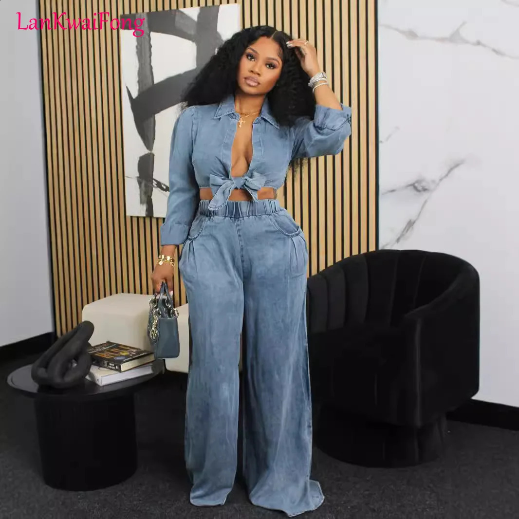 LKF Elegant Communicating Casual Womens Set Long Sleeve Collar Cardigan Belt Top Pocket Wide Leg Pants Two Piece Set 240925