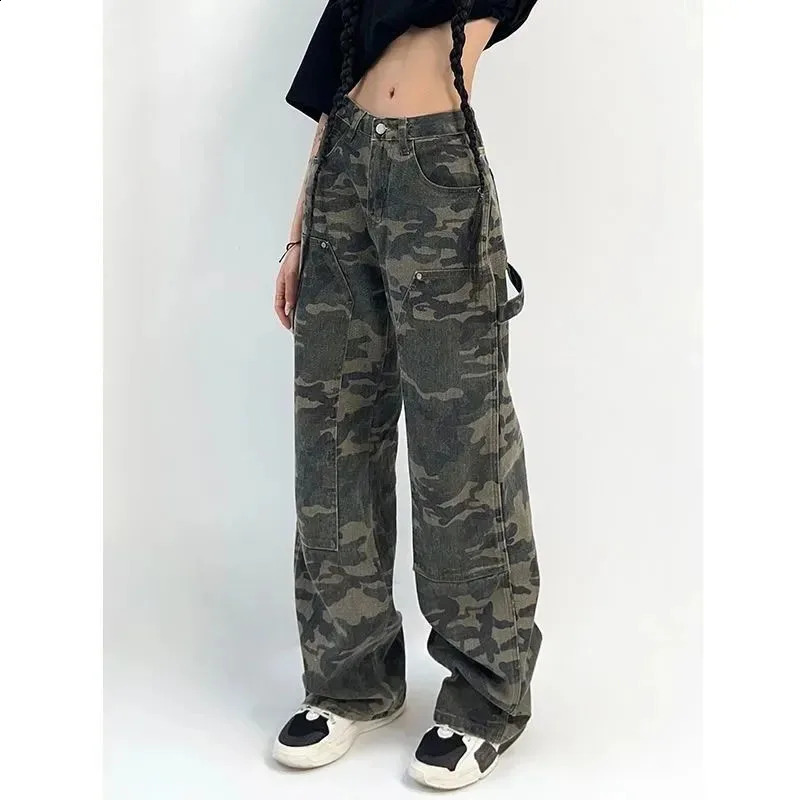 MEXZT Camouflage Pantalage de cargaison Femme Y2K Vêtements de rue Low Rise Jeans rétro Pantalon de jambe large pantalon droit pantalon harajuku