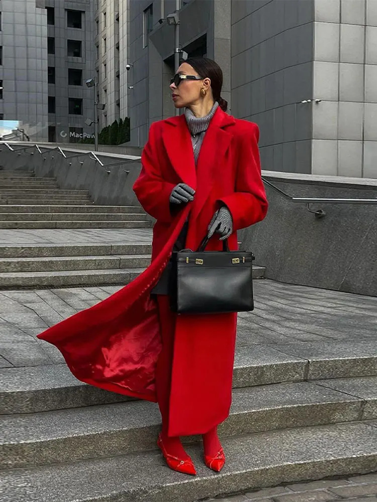 Fashionable red lapel long jacket elegant womens solid long sleeved pocket jacket autumn and winter high street wear 240925