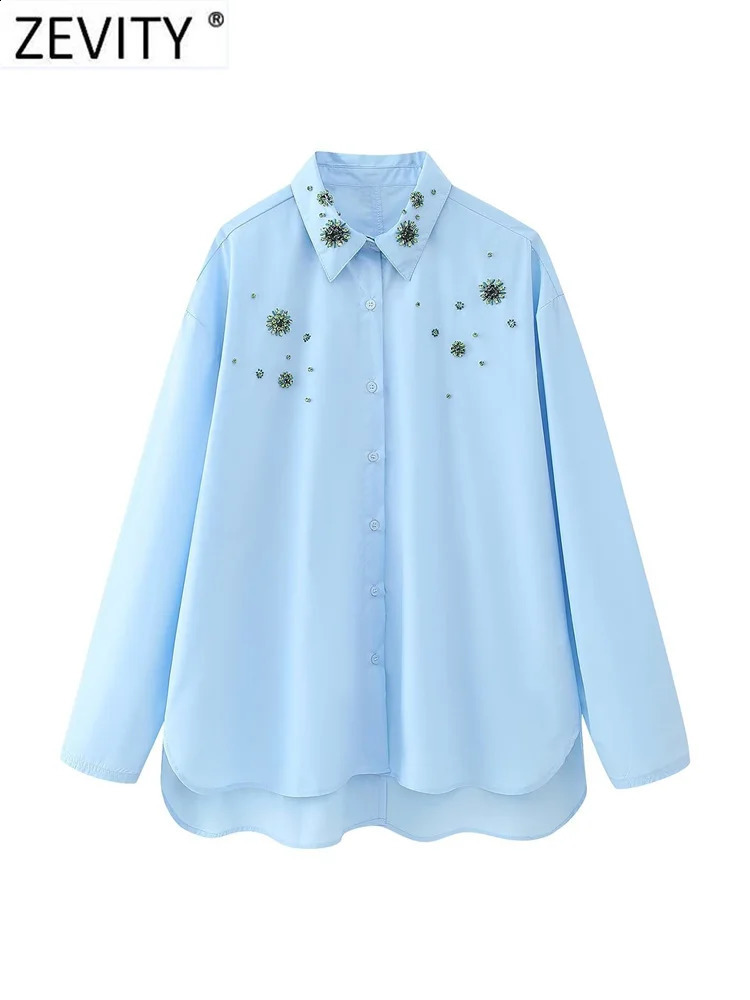 Zevity Womens Fashion Diamond Bead Embroidered Poplin Shirt Office Womens Long Sleeve Casual Shirt Chic Chemise Blusas Top LS5554 240924