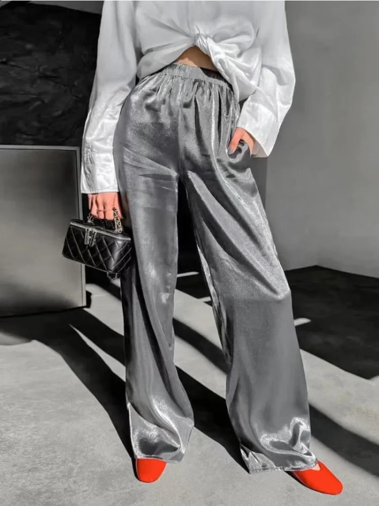 HOUZHOU Womens Satin Elastic Waist Casual Pants Elegant Wide Legs Trousers Womens Office Clothes Grey Pants Basic Club Fashion 240925