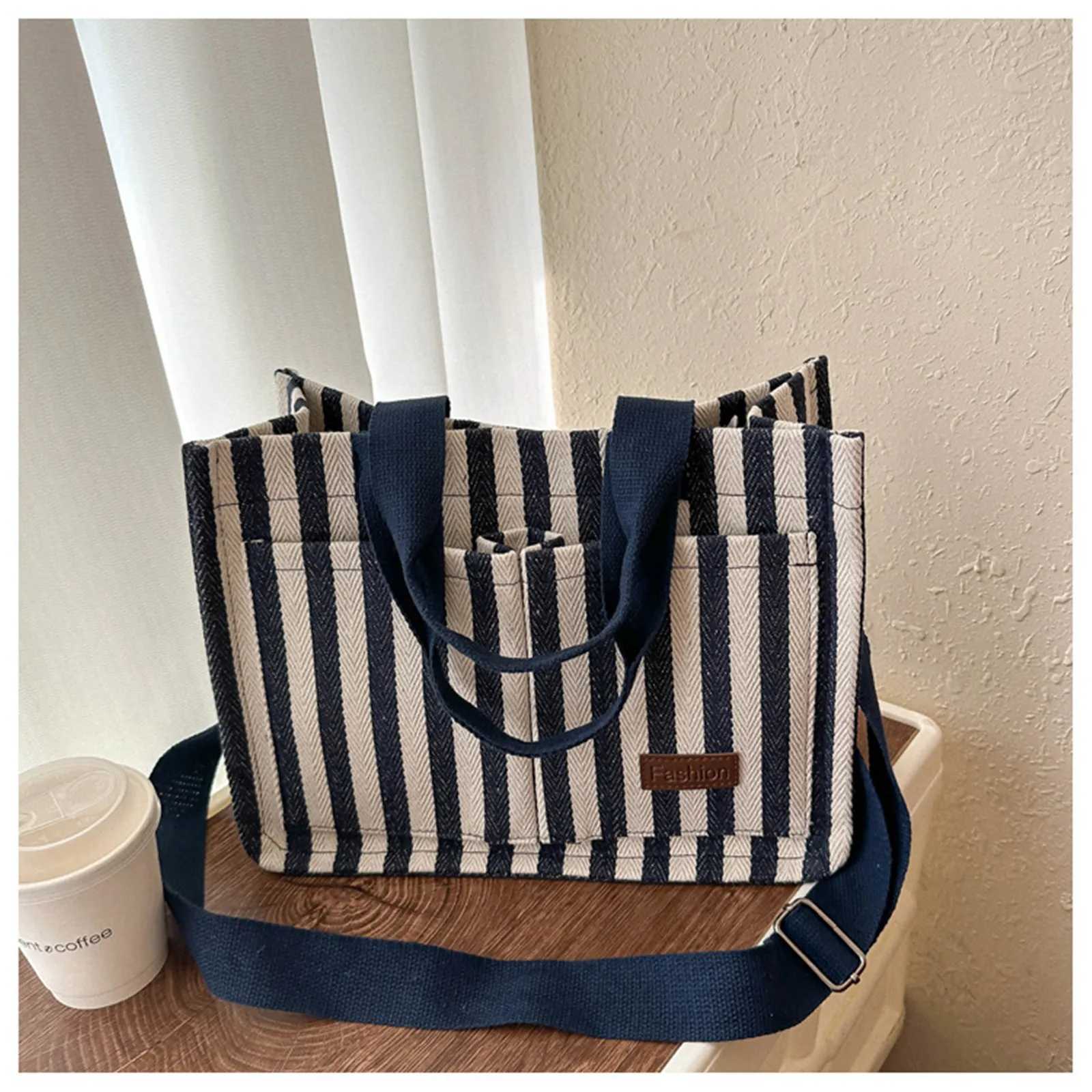 Canvas Shoulder For Women Stripe Designer Crossbody Tote Large Capacity Handbag Fi Travel Shopping Commuting Bag Z240924