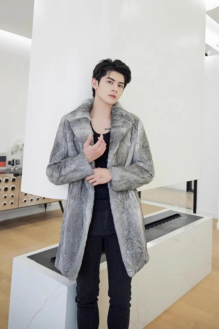 Real Gennie Natural Rabbit Fur Coat for Men with British Collar Long Fashion Jacket for Warmth Customized in Winter Any Size 240925