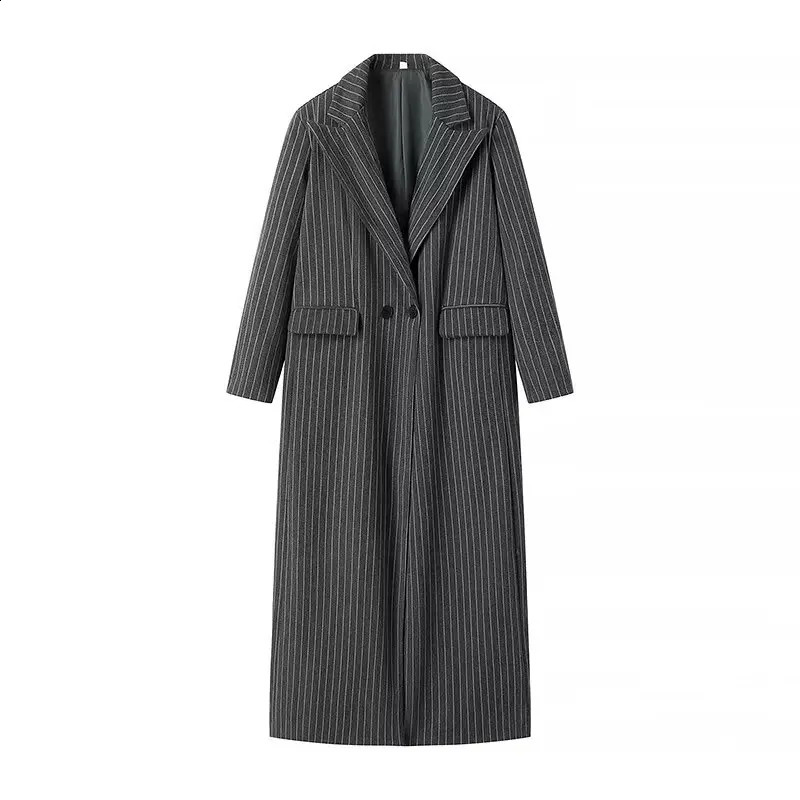 Y2K TRAF striped wool blend womens jacket womens chic double-layer pocket long jacket womens jacket 240925
